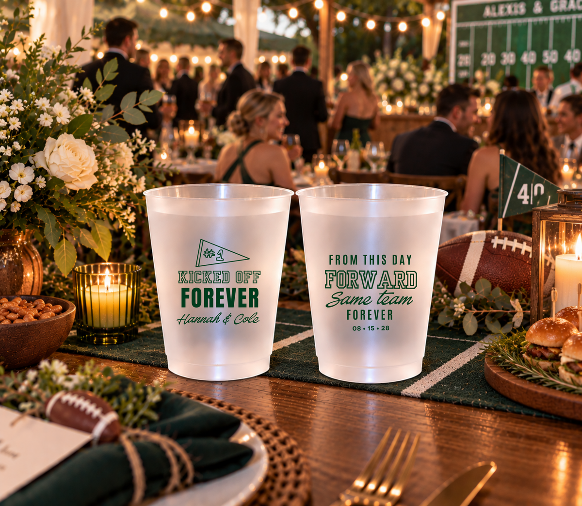 Personalized football wedding cups with deep green athletic lettering, romantic script, and a Same Team Forever message.