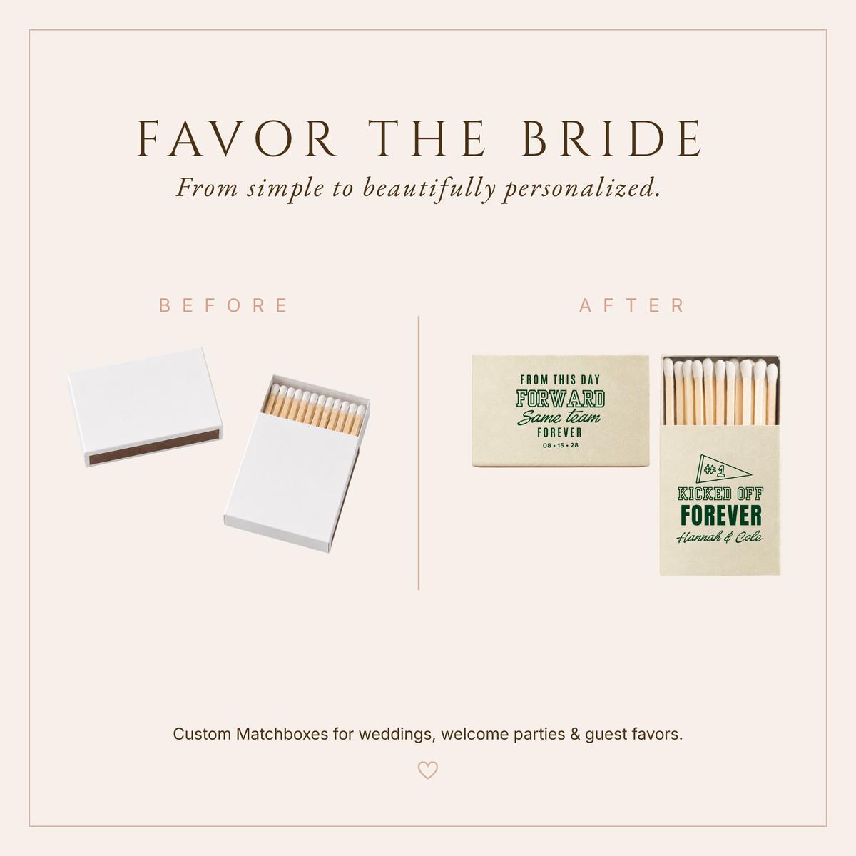 Personalized game day wedding favors featuring Same Team Forever wording, football-inspired typography, and #1 pennant artwork.