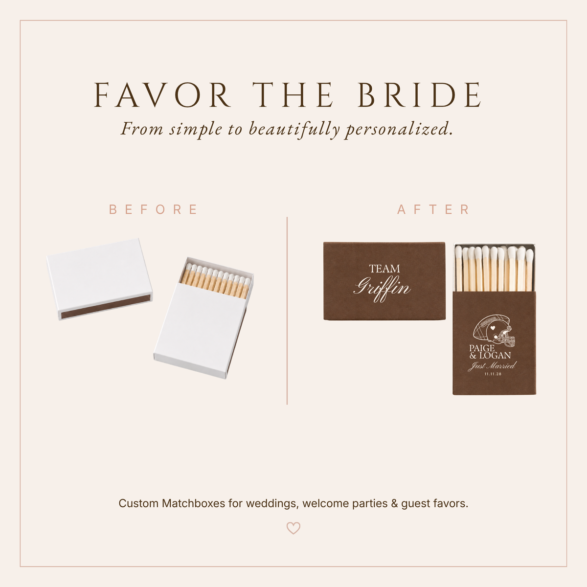 Personalized Team Griffin wedding favors featuring football inspired artwork, heart detail, and custom wedding date.