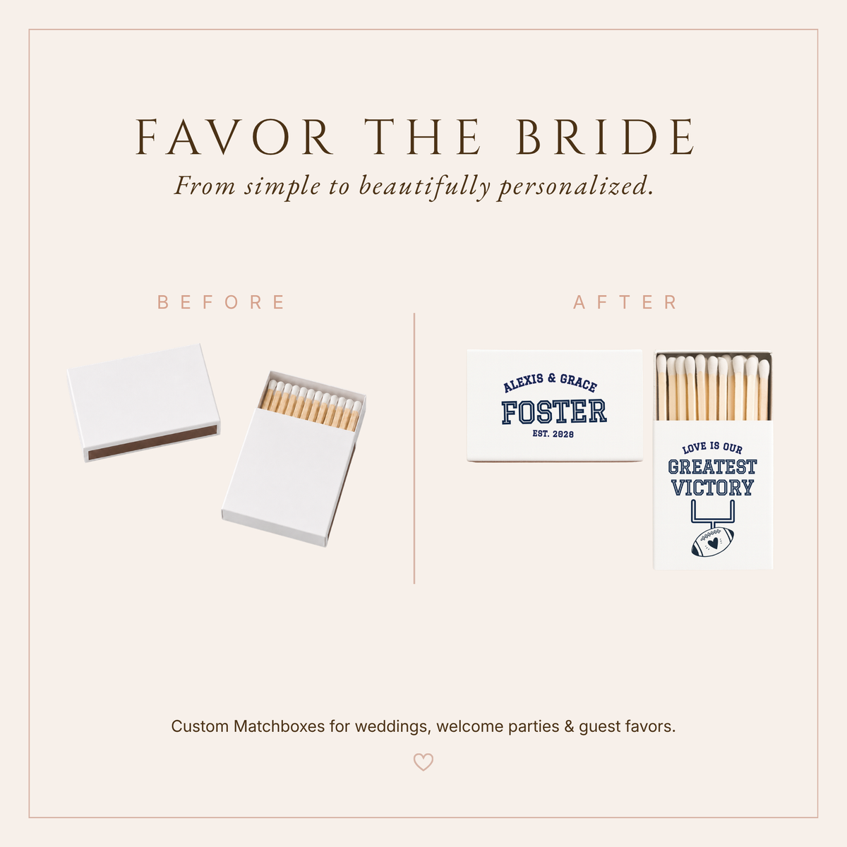 Personalized football wedding favors featuring Love Is Our Greatest Victory design with goalpost and heart details.