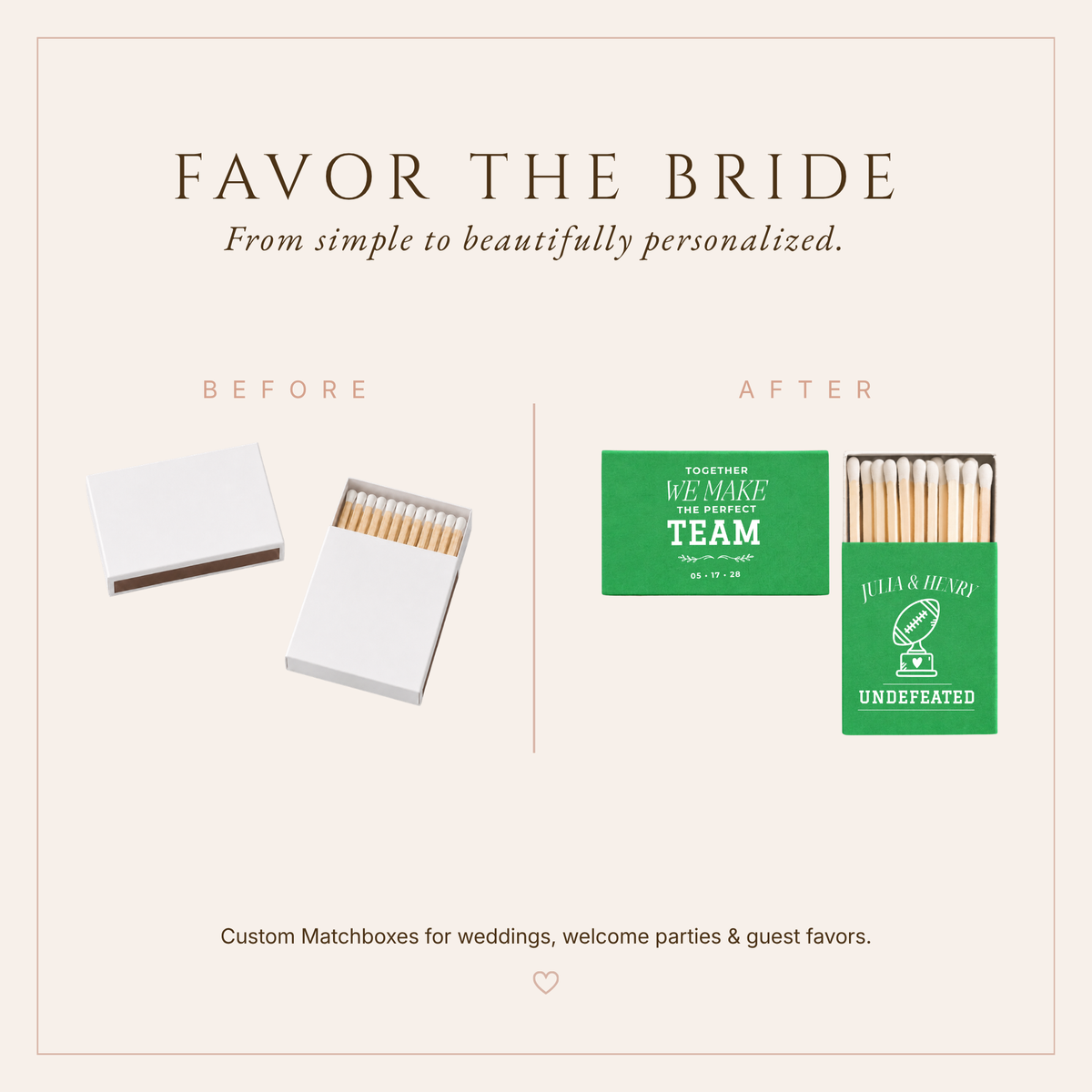 Personalized game day wedding matchboxes featuring Together We Make The Perfect Team and Undefeated designs.
