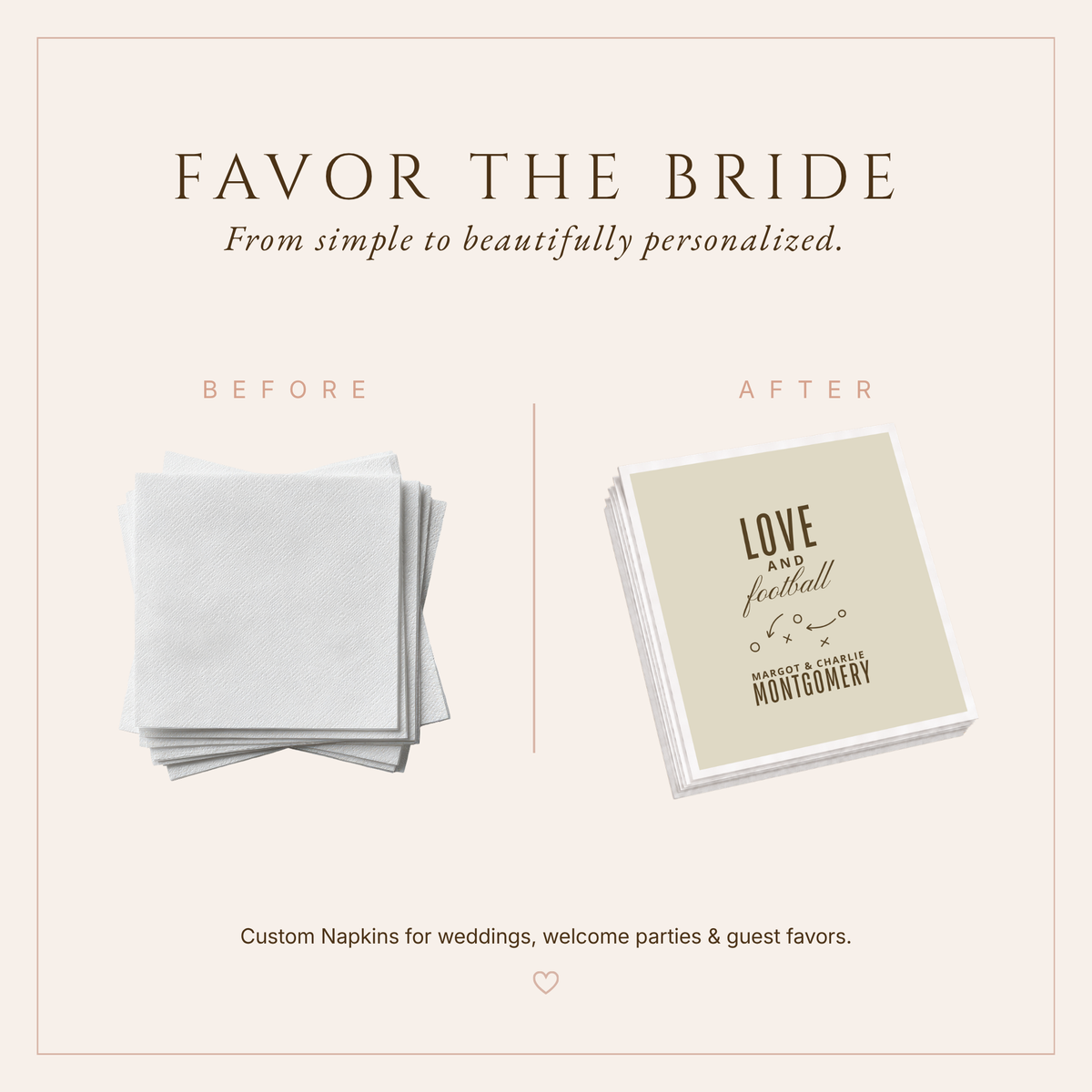 Personalized football wedding reception napkins featuring playbook-inspired Xs and Os, brown typography, and custom couple names.