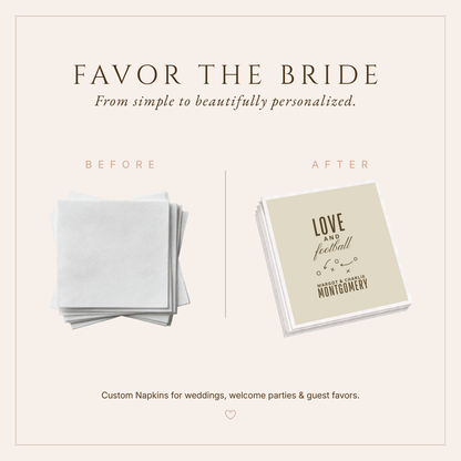 Personalized football wedding reception napkins featuring playbook-inspired Xs and Os, brown typography, and custom couple names.