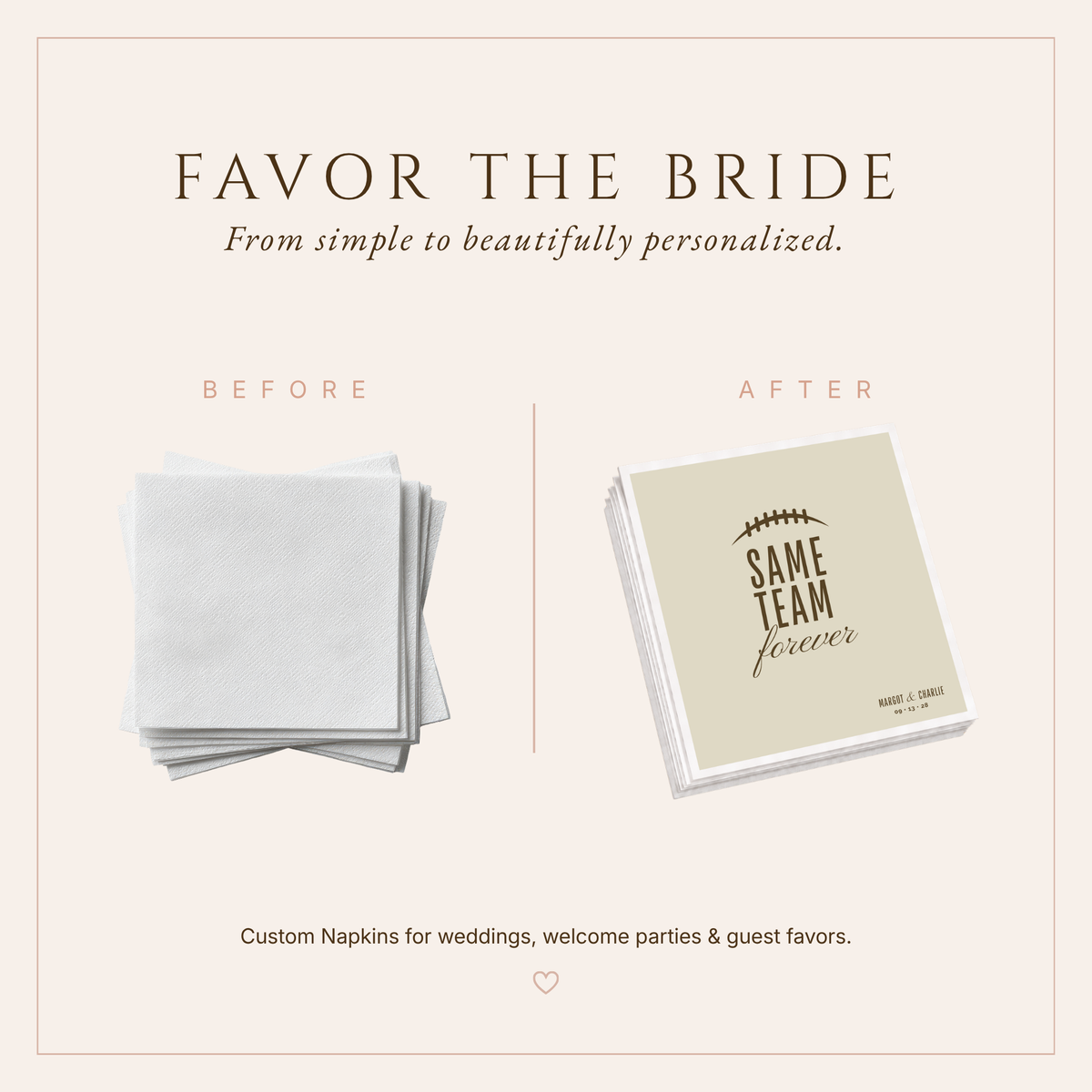 Personalized football wedding reception napkins featuring football lace detail, brown athletic lettering, romantic script, and wedding details.