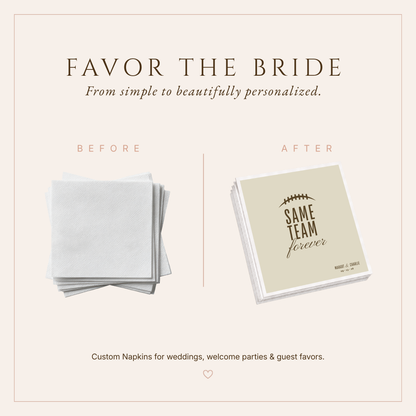 Personalized football wedding reception napkins featuring football lace detail, brown athletic lettering, romantic script, and wedding details.