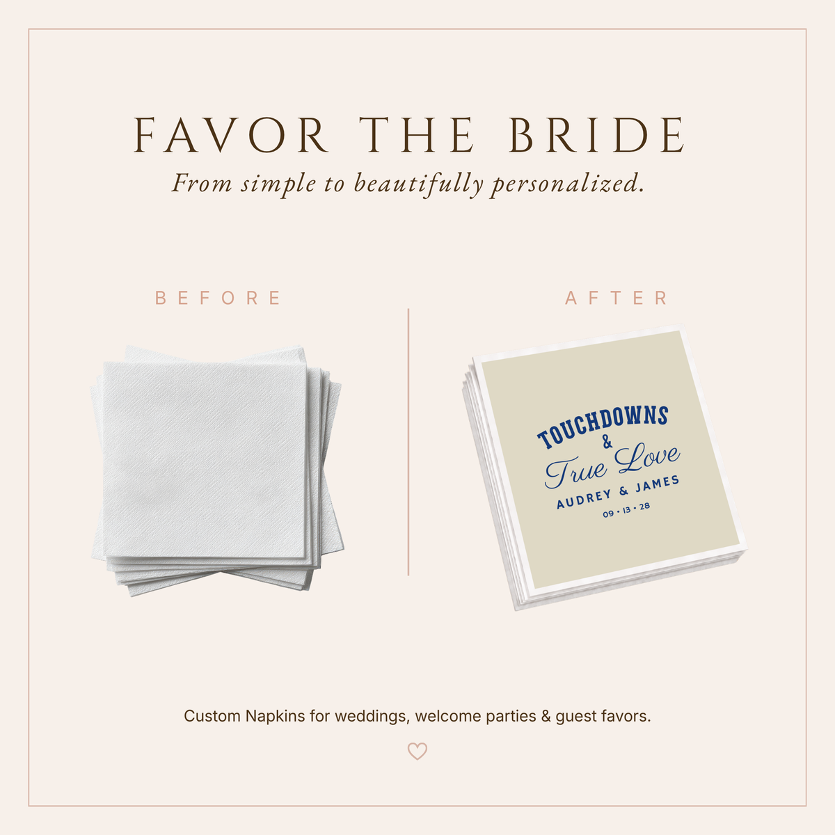 Personalized football wedding reception napkins featuring navy blue athletic lettering, romantic script, couple names, and wedding date.