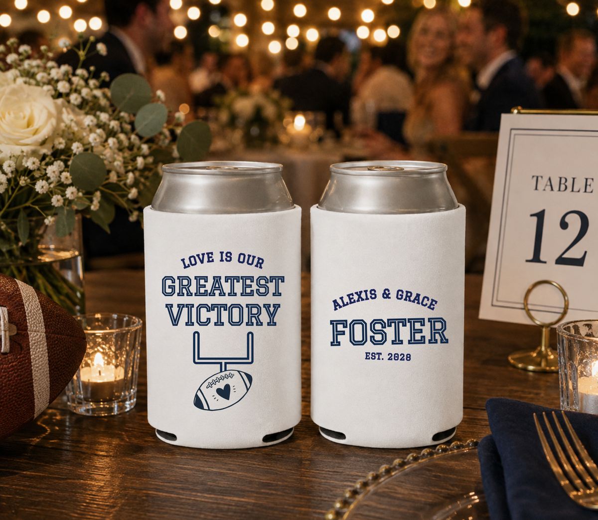 Custom football wedding favors with white can coolers, football and heart graphic, and personalized couple names.