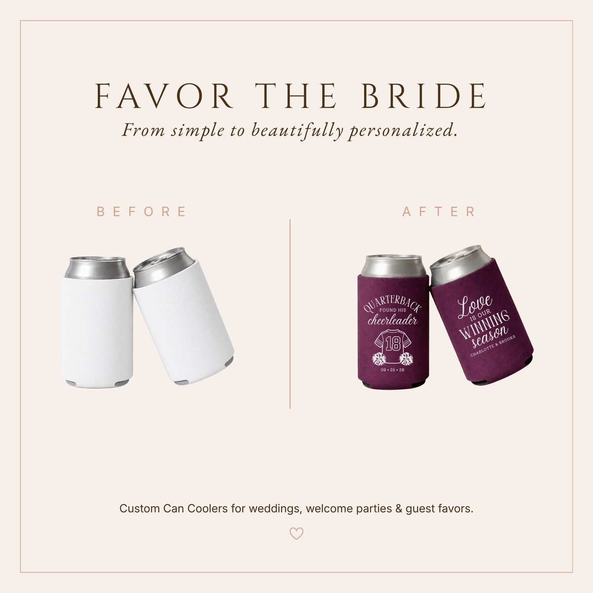Personalized sports wedding can coolers featuring “Love Is Our Winning Season” wording and football inspired artwork.