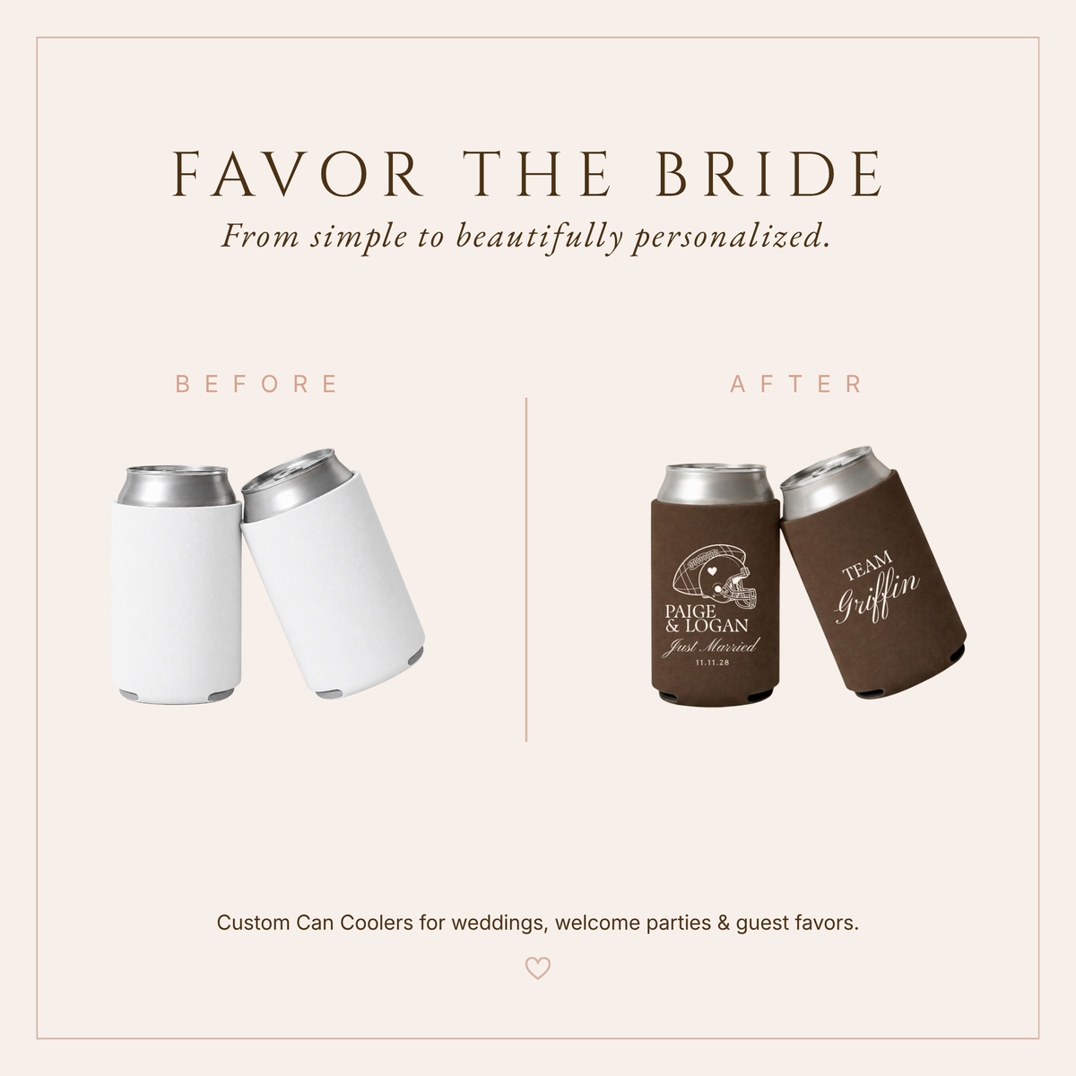 Personalized sports wedding can coolers featuring Team Griffin typography, football helmet artwork, and custom wedding details.