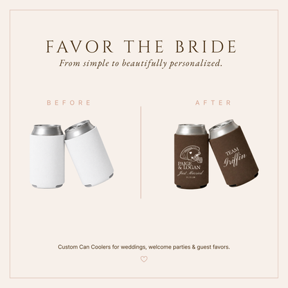 Personalized sports wedding can coolers featuring Team Griffin typography, football helmet artwork, and custom wedding details.