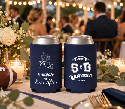 Custom tailgate wedding favors with navy can coolers, football graphic, personalized initials, and couple name.