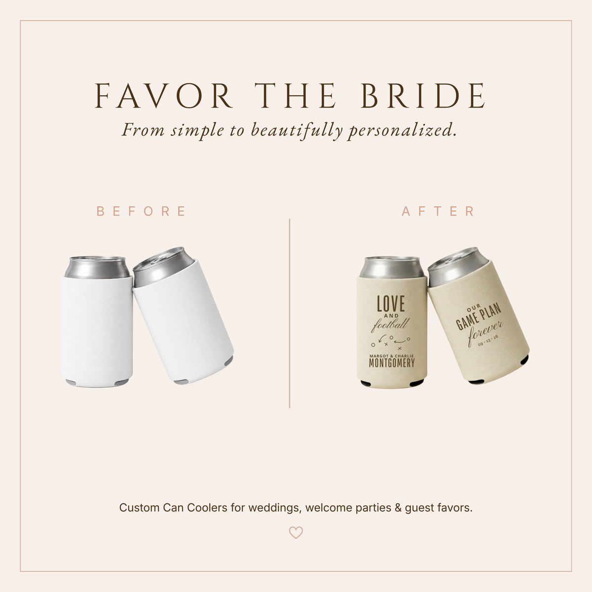 Personalized football wedding can coolers featuring romantic sports wording and football play diagram details.