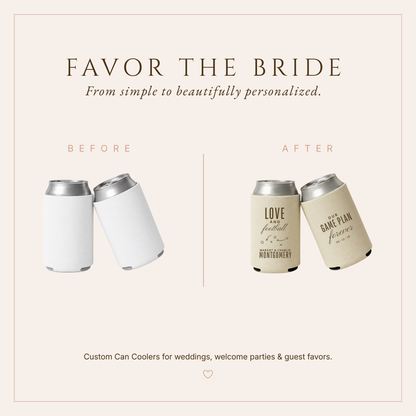 Personalized football wedding can coolers featuring romantic sports wording and football play diagram details.