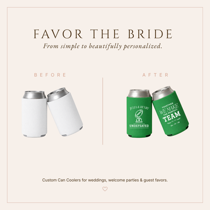 Personalized football themed wedding can coolers featuring Together We Make the Perfect Team wording.