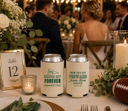 Personalized Kicked Off Forever wedding can coolers featuring football inspired typography and custom wedding details.