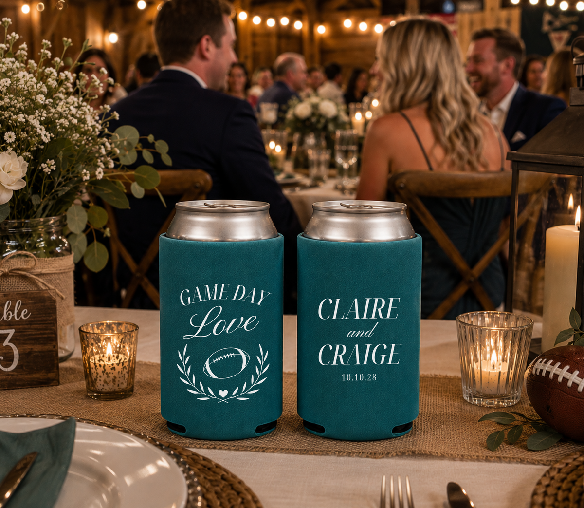 Personalized Game Day Love wedding can coolers featuring football, heart, laurel wreath, and wedding date.
