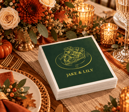 Personalized fall wedding napkins with a detailed Thanksgiving pie illustration and elegant green and gold design.