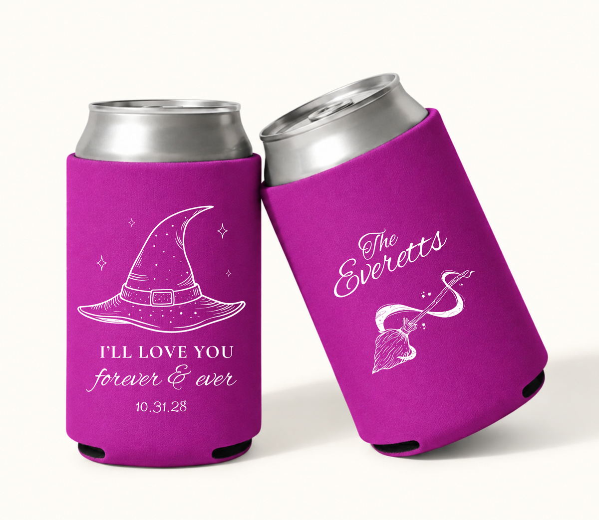 Personalized purple-pink Forever & Ever witchy Halloween wedding can coolers featuring a witch hat, broomstick, custom family name, and wedding date.