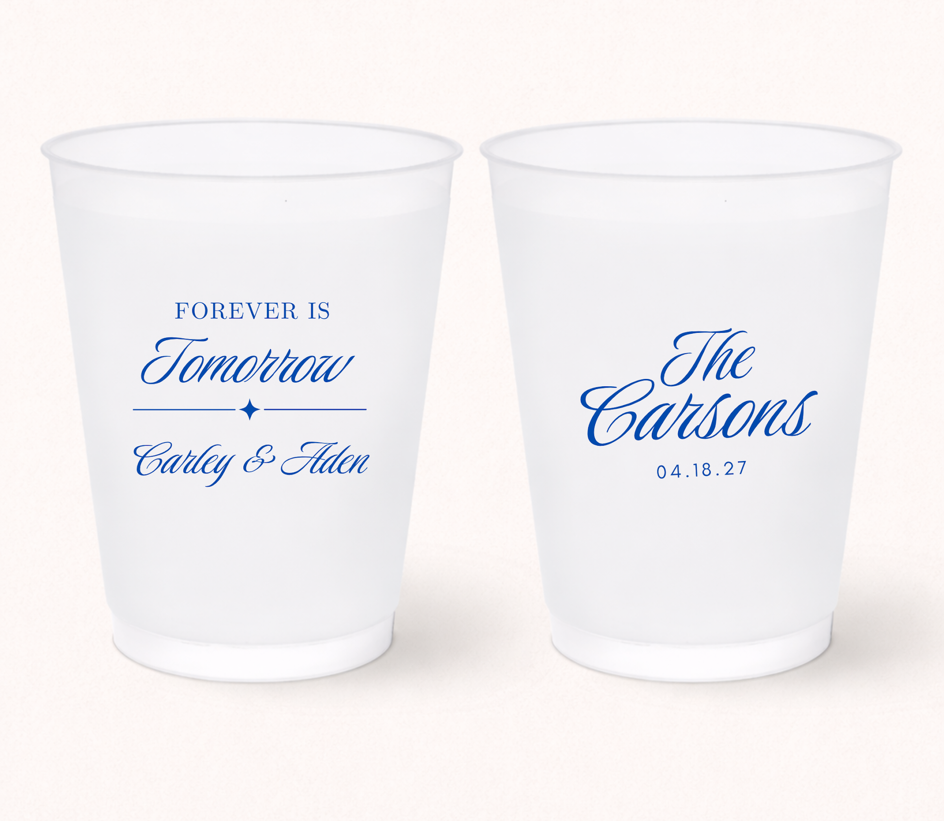 Custom Forever Is Tomorrow wedding frosted cups
Personalized rehearsal dinner drinkware
Wedding welcome party frosted cups
Custom wedding weekend cups with names and date