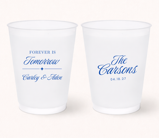 Custom Forever Is Tomorrow wedding frosted cups
Personalized rehearsal dinner drinkware
Wedding welcome party frosted cups
Custom wedding weekend cups with names and date
