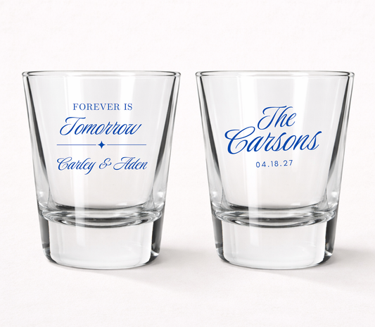 Forever Is Tomorrow personalized wedding shot glasses
Custom wedding welcome party shot glasses
Personalized rehearsal dinner shot glasses
Wedding weekend favor shot glasses
Custom family name wedding shot glasses
Elegant personalized wedding keepsakes