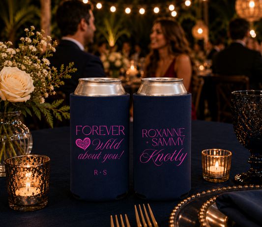 Personalized navy wedding can koozies.  
