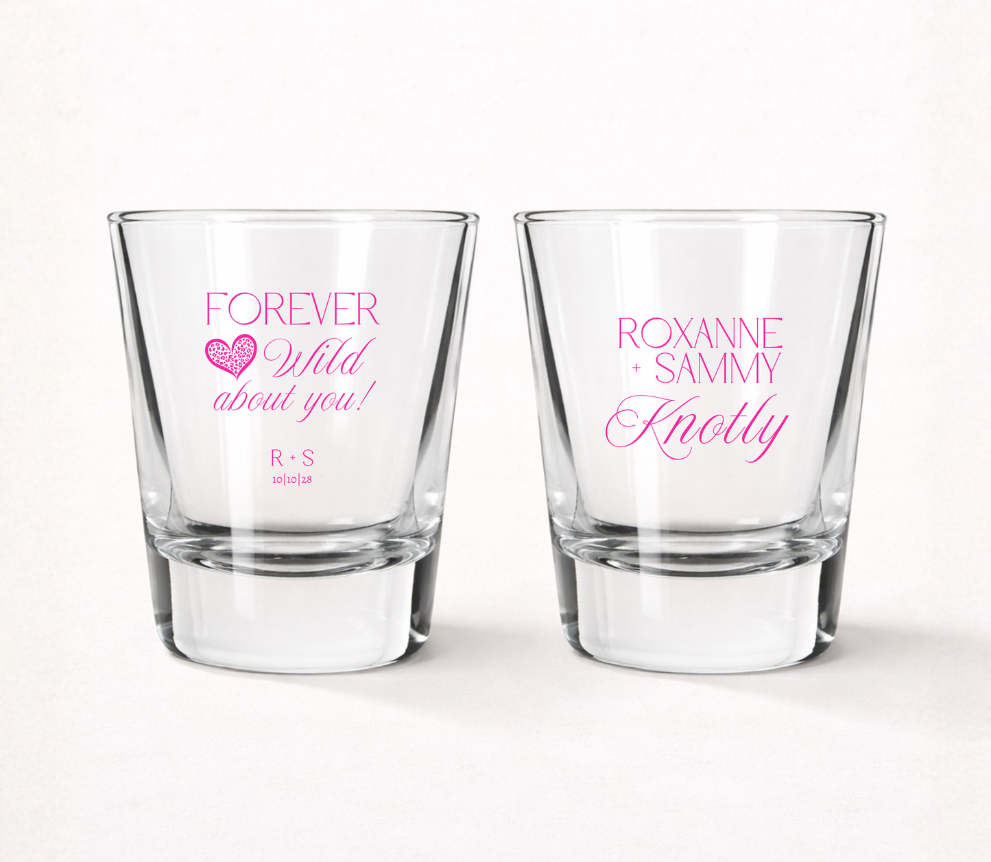 Personalized romantic wedding shot glasses featuring custom couple names, wedding date, and Forever Wild About You design.