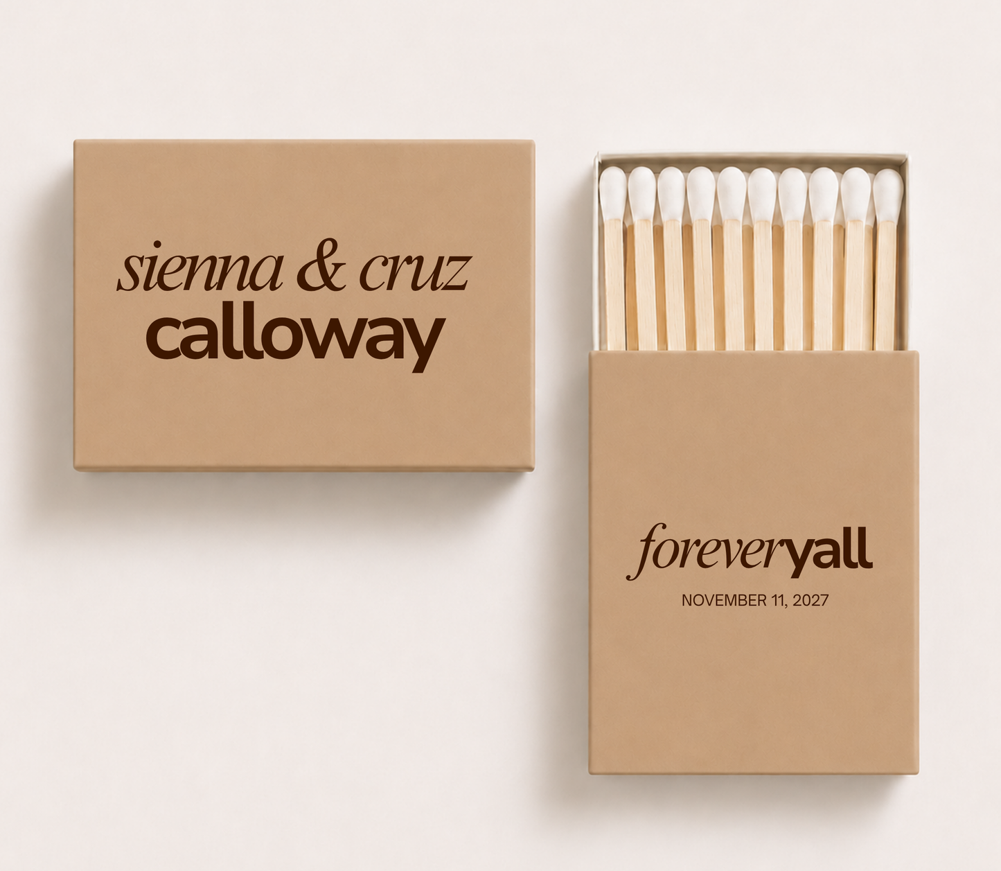 Personalized Forever Y'all wedding matchboxes featuring custom names, family surname, and wedding date in a modern Western-inspired design.