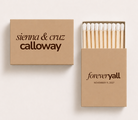 Personalized Forever Y'all wedding matchboxes featuring custom names, family surname, and wedding date in a modern Western-inspired design.