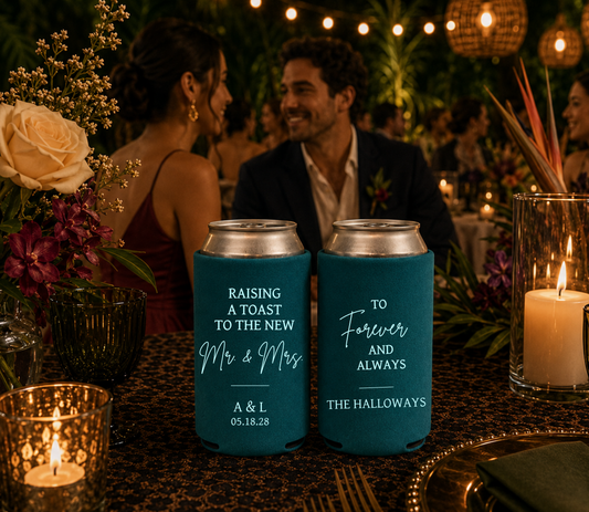 Personalized Mr. and Mrs. wedding can koozies.