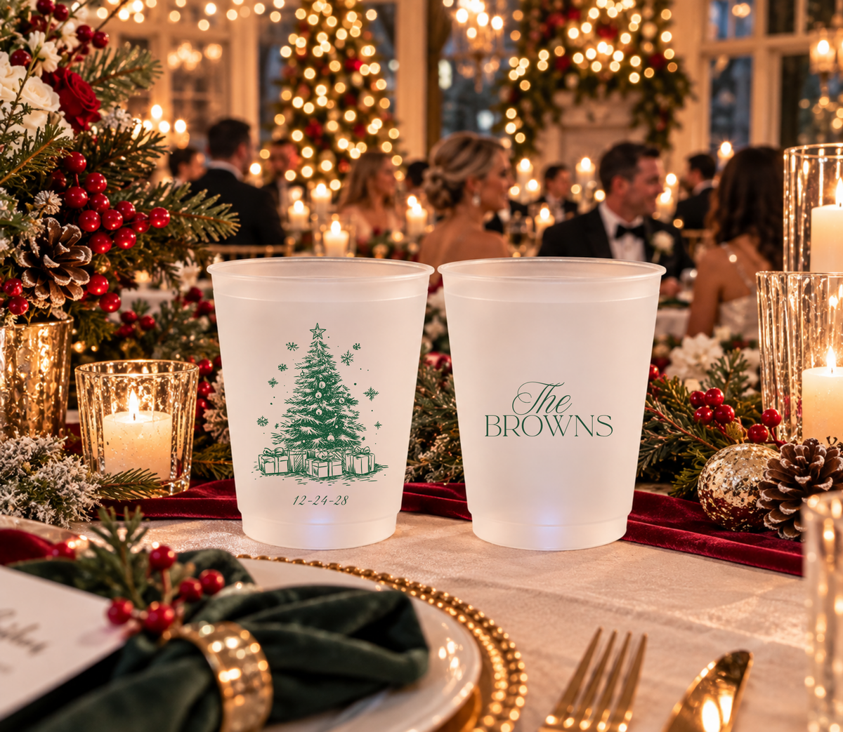 Custom Christmas wedding cups with a detailed Christmas tree, family name, and personalized wedding date.