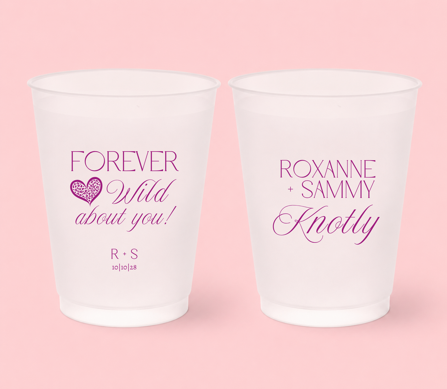 Personalized frosted wedding cups featuring magenta Forever Wild About You lettering, leopard print heart, Roxanne and Sammy names, Knotly surname, initials, and 10-10-28 wedding date.