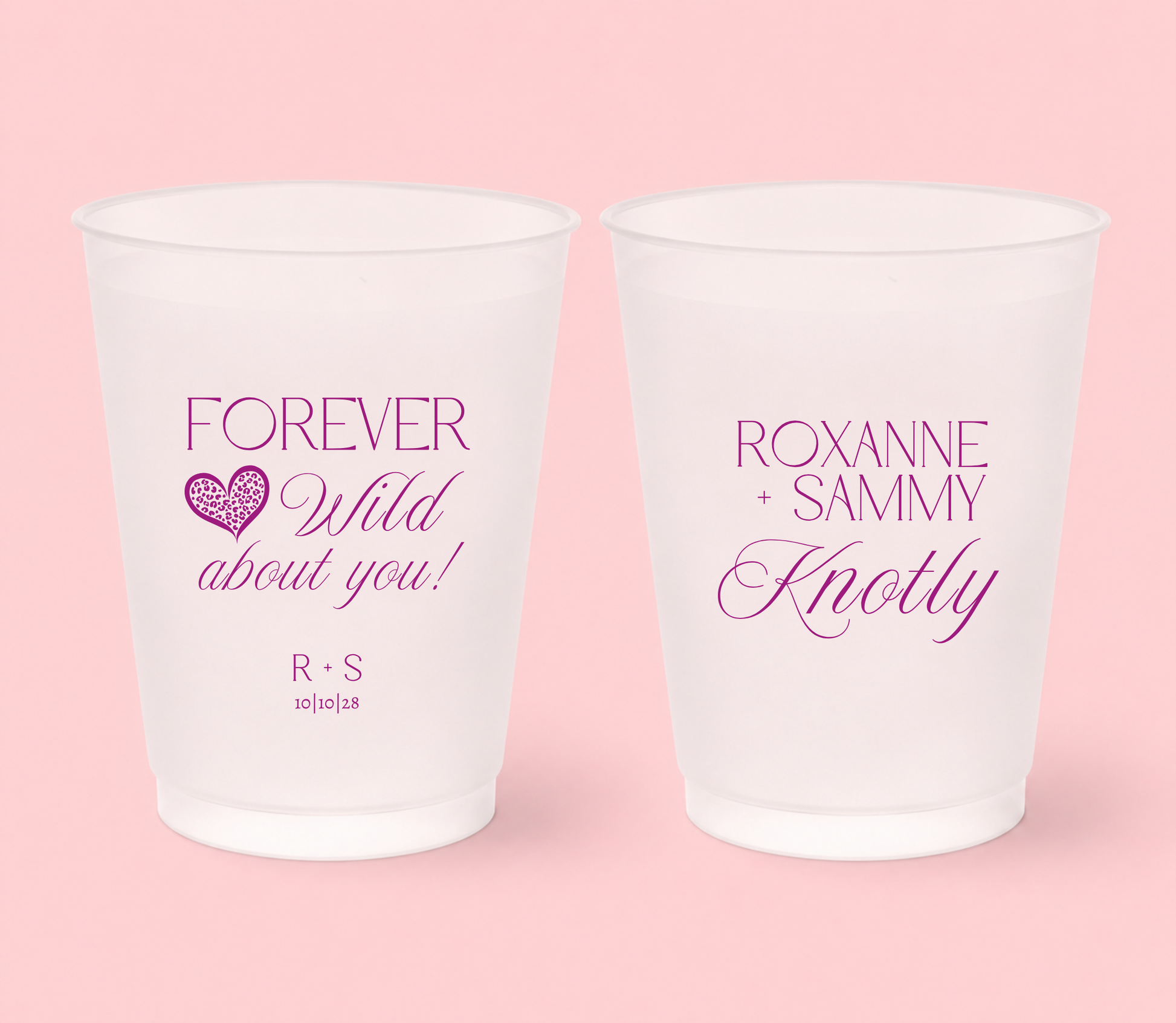 Personalized frosted wedding cups featuring magenta Forever Wild About You lettering, leopard print heart, Roxanne and Sammy names, Knotly surname, initials, and 10-10-28 wedding date.
