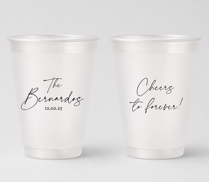 Personalized frosted wedding cups with black cheers to forever script for signature cocktails and wedding favors