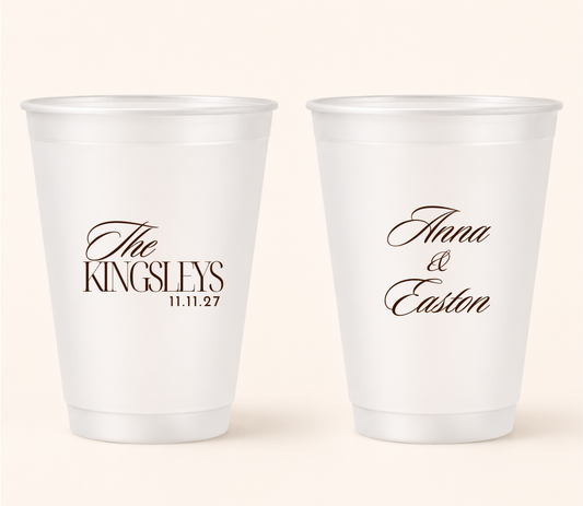 Personalized elegant script wedding frosted cups with custom names, family name, and wedding date