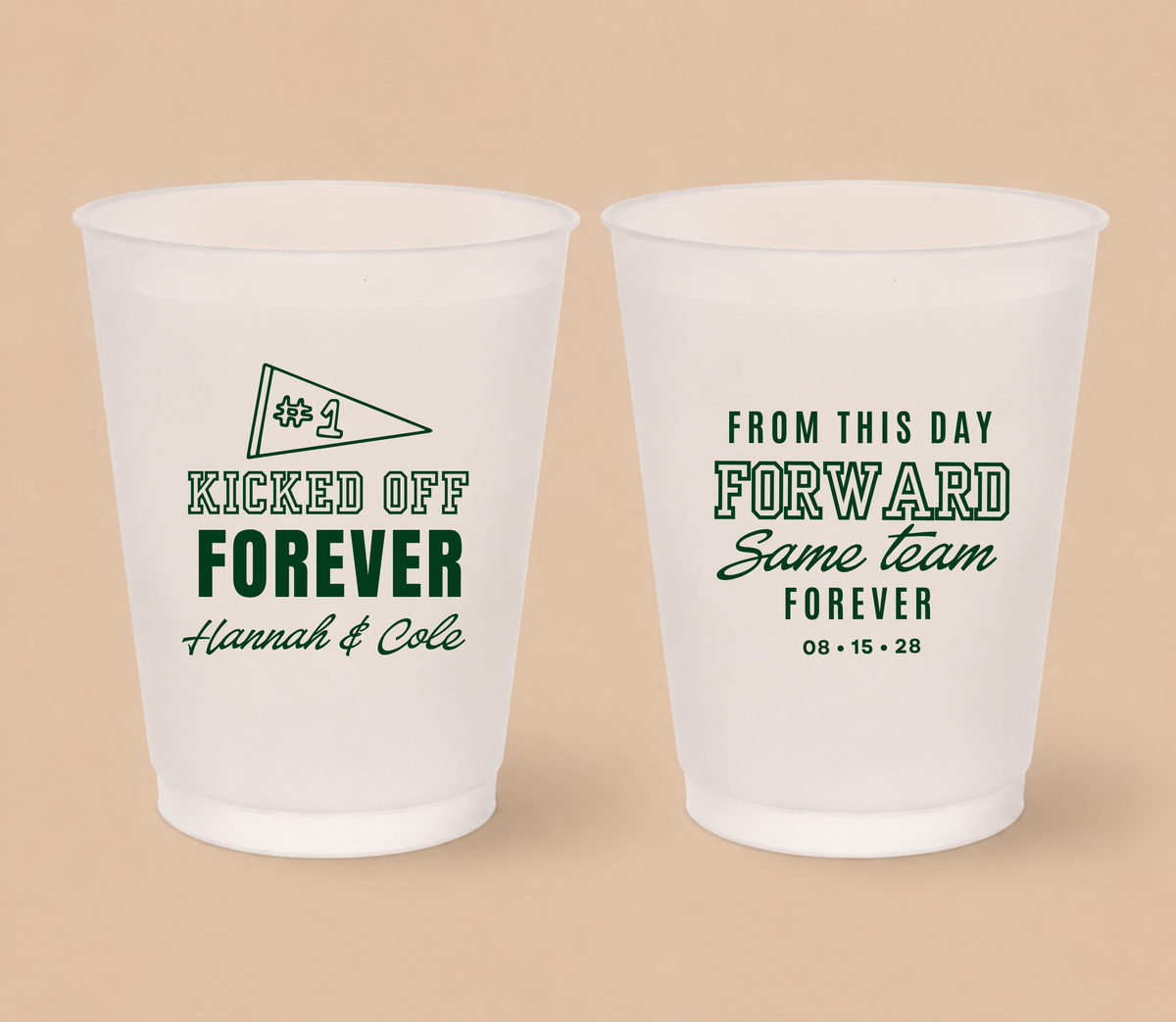 Personalized Kicked Off Forever football wedding cups featuring a #1 pennant, deep green athletic lettering, couple names, and Same Team Forever wedding design.