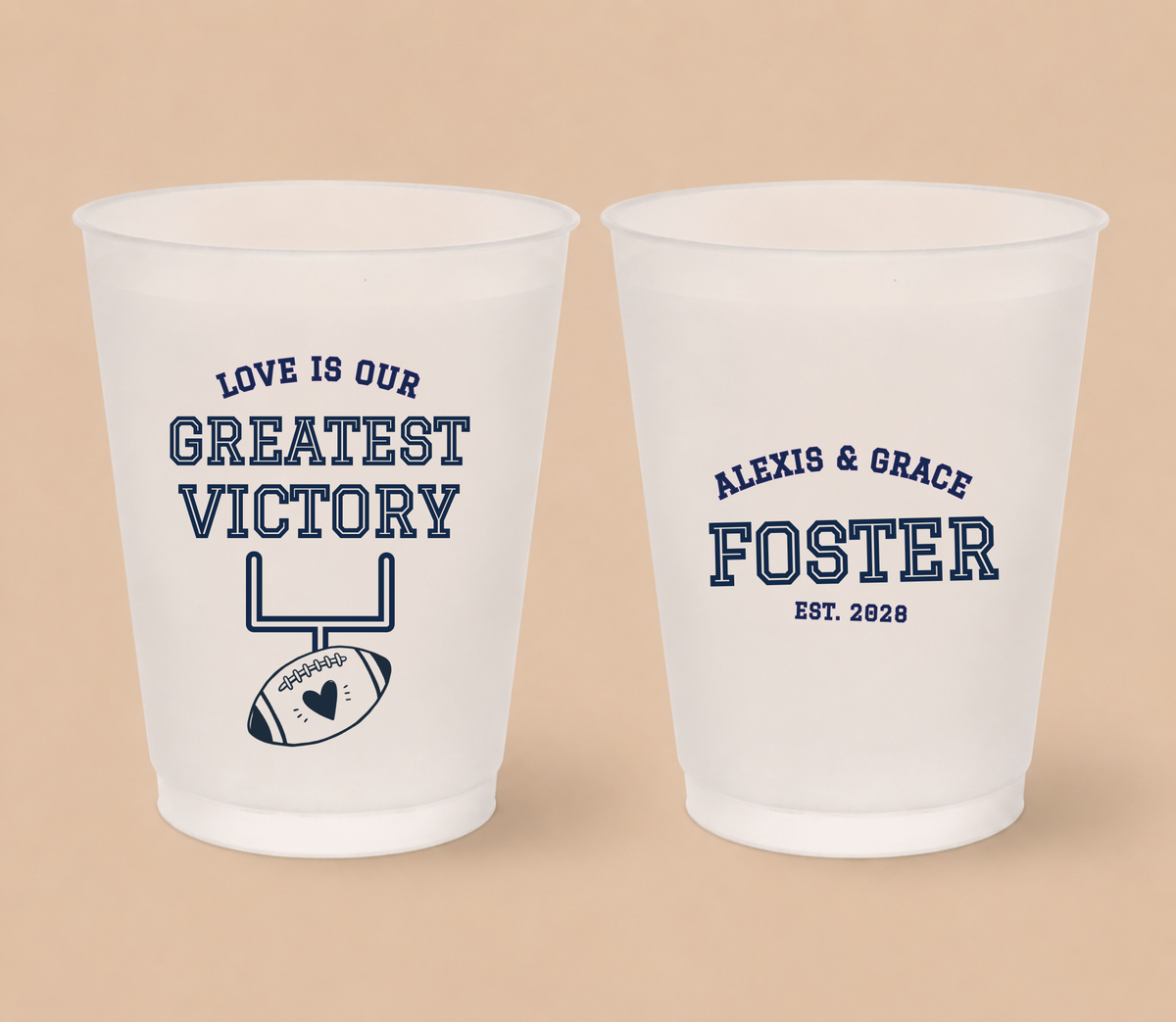Personalized Greatest Victory football wedding cups featuring Love Is Our Greatest Victory wording, football goalpost artwork, heart detail, and custom couple names.