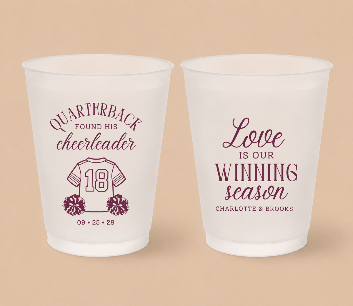 Personalized quarterback cheerleader football wedding cups featuring a football jersey, pom-poms, custom couple names, and Love Is Our Winning Season design.