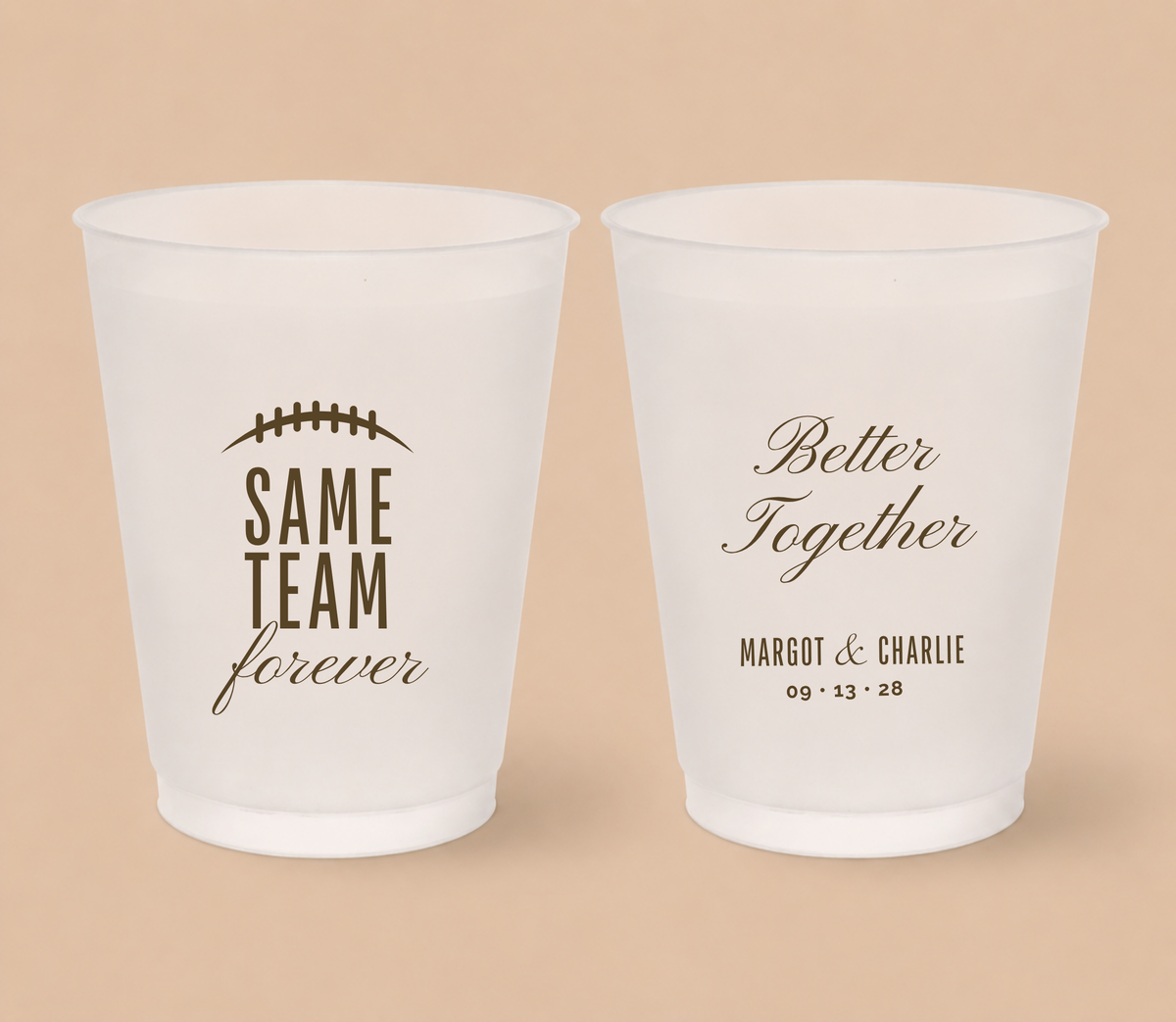 Personalized Same Team Forever football wedding cups featuring a football lace detail, elegant brown lettering, custom couple names, and wedding date.