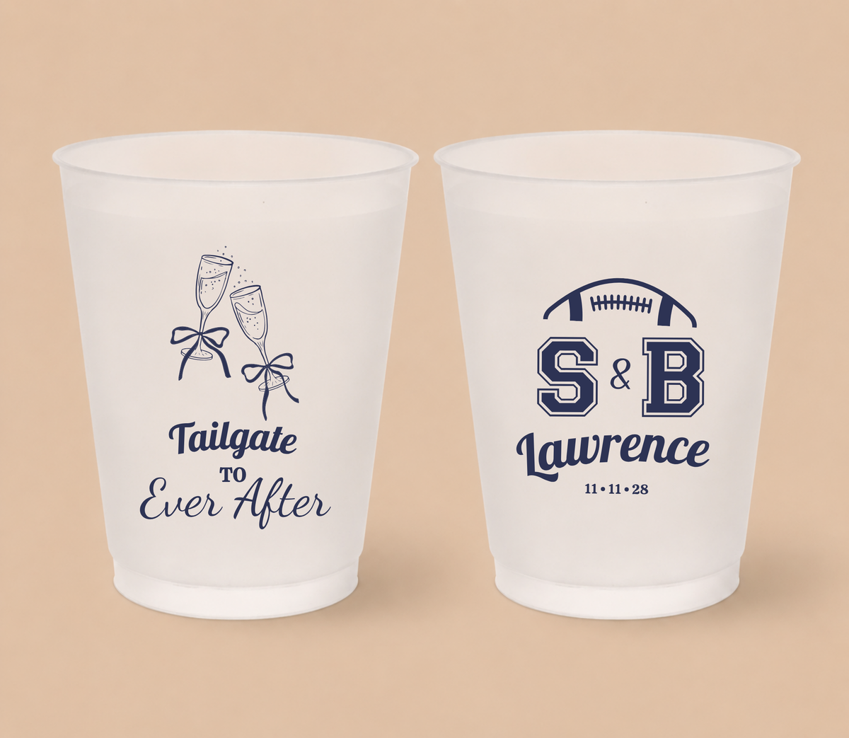 Personalized Tailgate To Ever After football wedding cups featuring champagne glass artwork, football-inspired initials, custom surname, and wedding date.