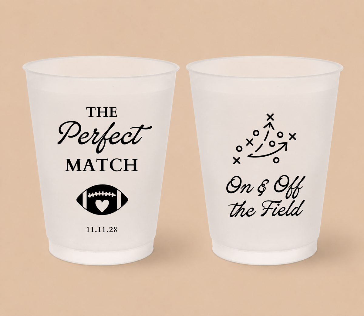 Personalized Perfect Match football wedding cups featuring a football heart design, football play artwork, and On & Off the Field wording.