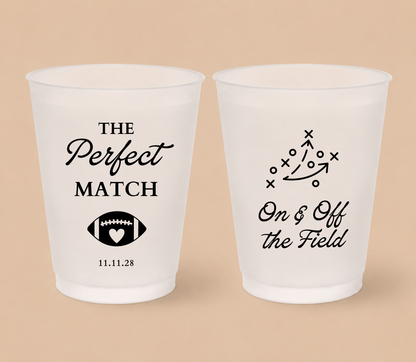Personalized Perfect Match football wedding cups featuring a football heart design, football play artwork, and On & Off the Field wording.