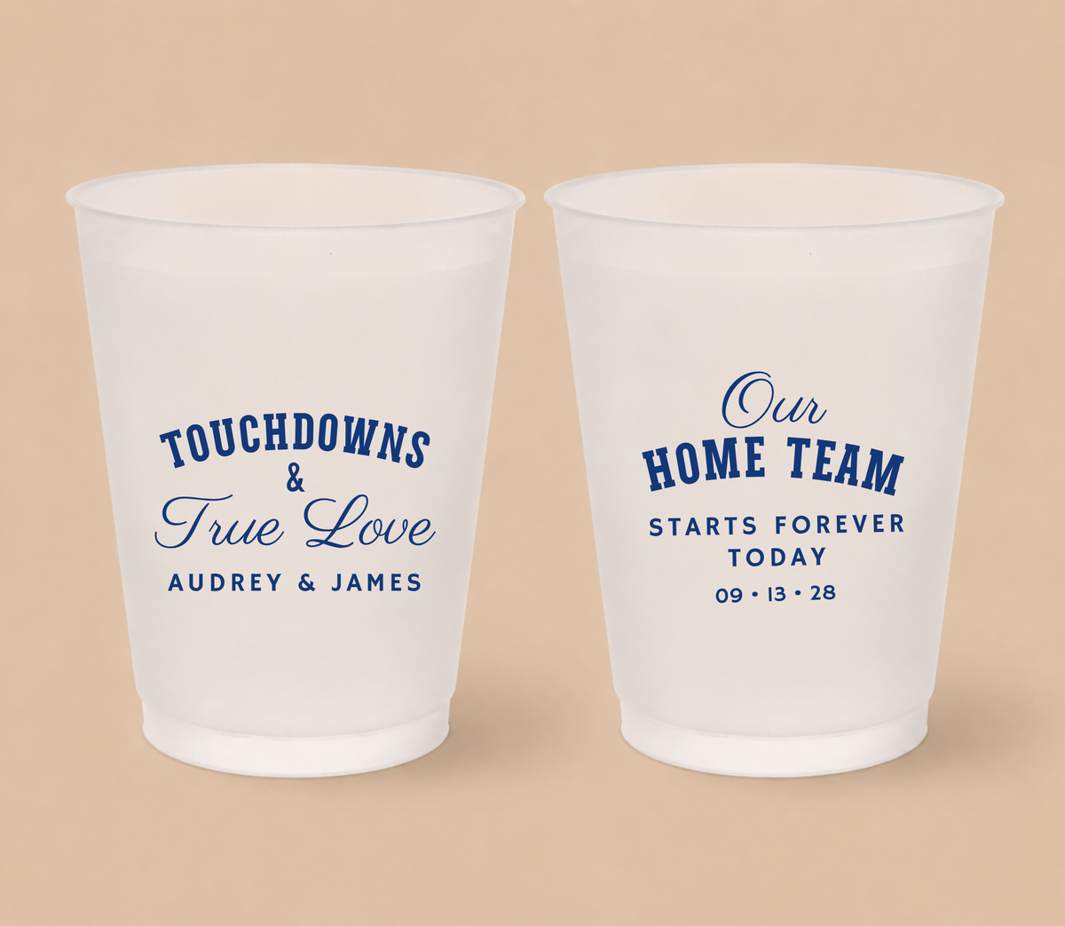 Personalized Touchdowns & True Love football wedding cups featuring royal blue athletic lettering, elegant script, custom couple names, and Home Team wording.