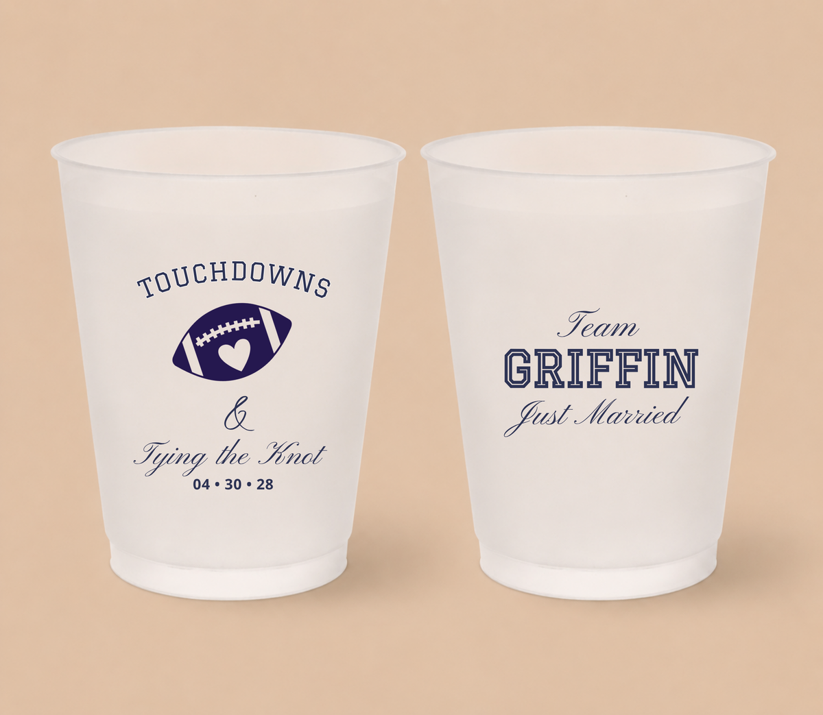 Personalized Touchdowns Tying The Knot football wedding cups featuring a football heart design, Team Griffin wording, Just Married details, and wedding date.
