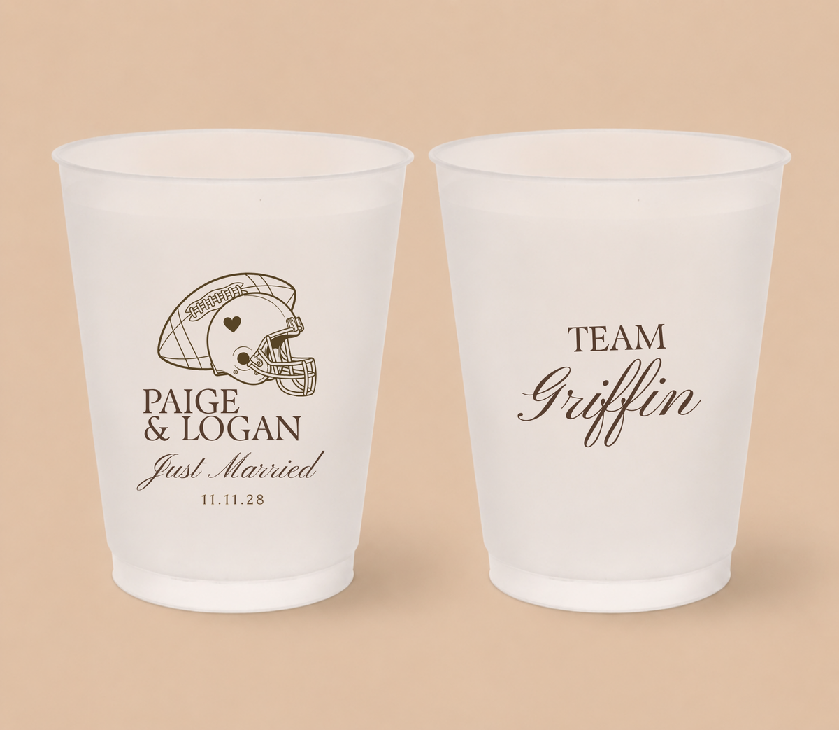 Personalized football helmet wedding cups featuring Paige and Logan, a heart football helmet, Just Married wording, and Team Griffin design.