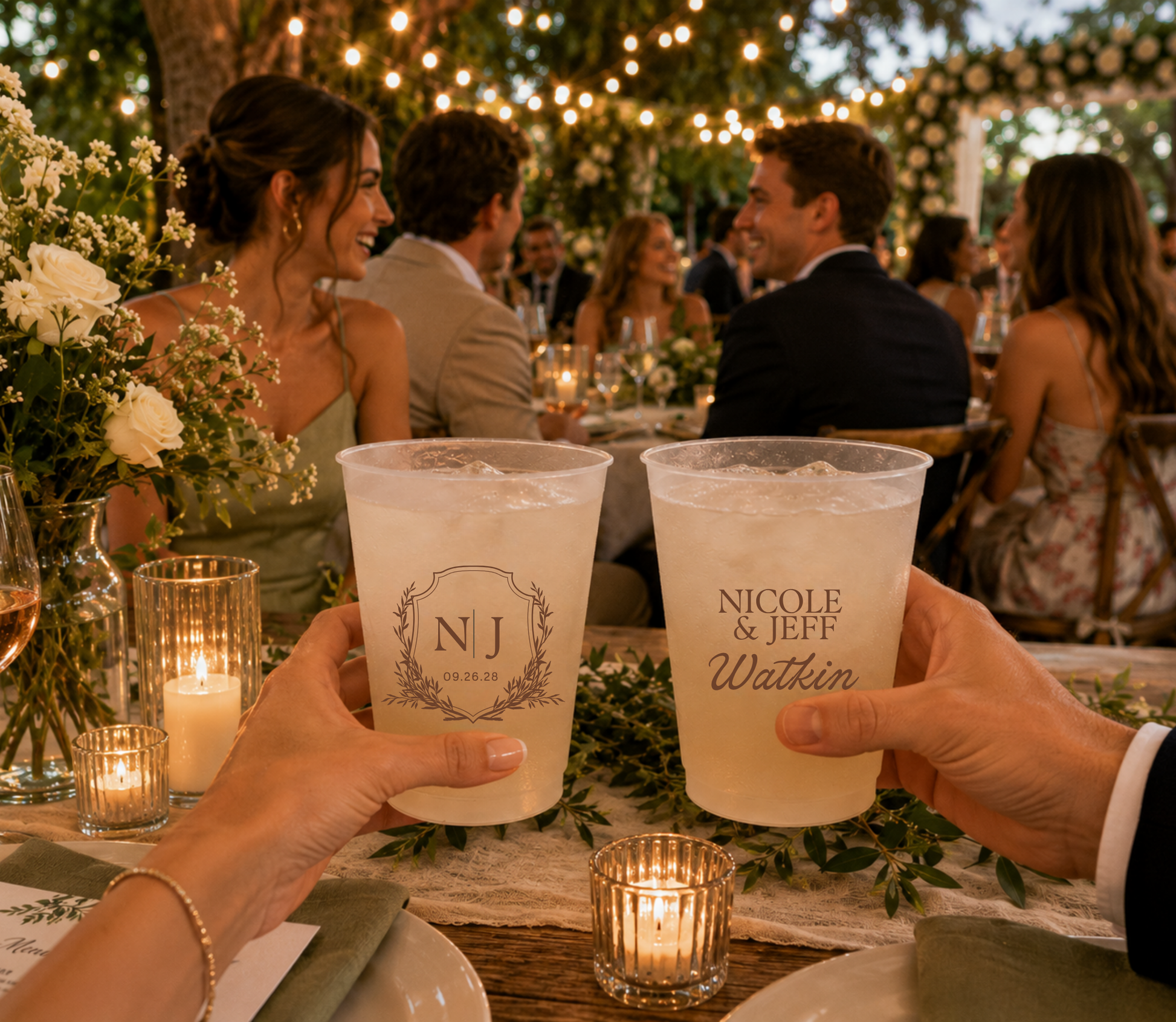 
Personalized crest wedding frosted cup featuring elegant monogram initials and botanical frame.