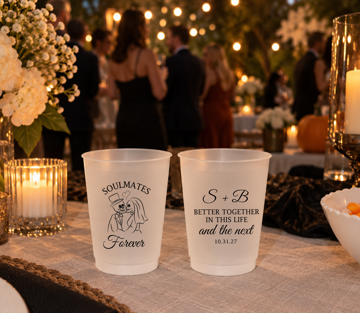 Personalized spooky wedding cups with custom initials and wedding date.