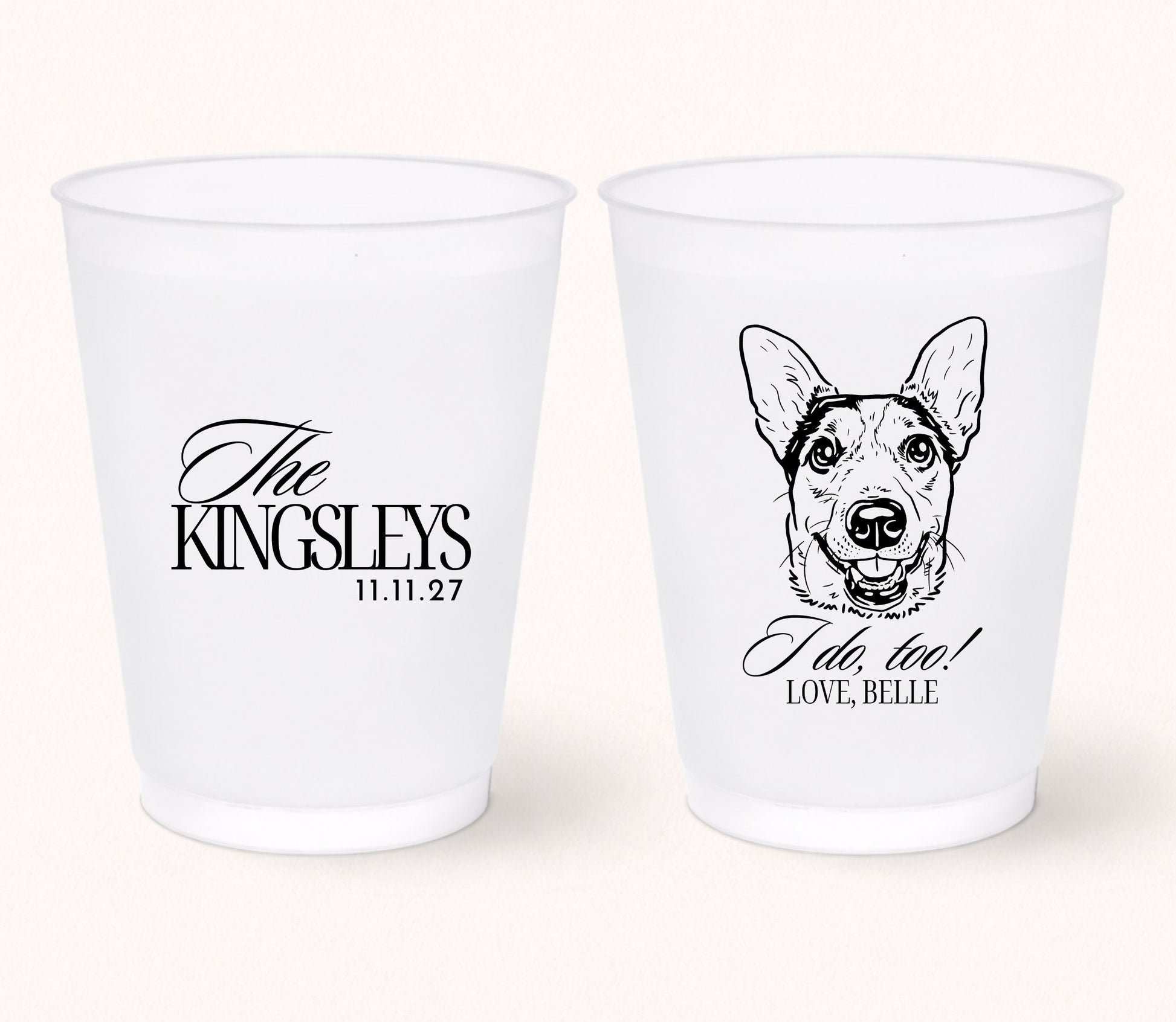 Custom dog wedding frosted cups
Personalized pet portrait wedding cups
I do too dog wedding favor
Dog lover frosted drink cups