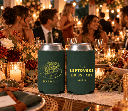Forest green Thanksgiving wedding can coolers with yellow artwork, custom couple names, and wedding date.