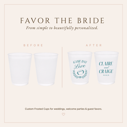 Personalized football wedding drinkware featuring a football, laurel branches, heart detail, couple names, and wedding date.